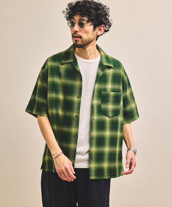 Dyed Ombre Check Open Collar Short Sleeve Sheer Shirt Relaxed Fit