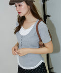 Short Sleeve Lace Layered Style Henley Neck T-Shirt Limited Edition - Gray