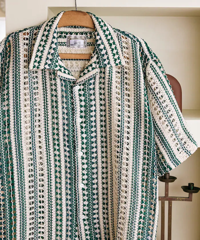 New color added: Indian-made relaxed fit all-over lace multi-stripe open collar short sleeve shirt