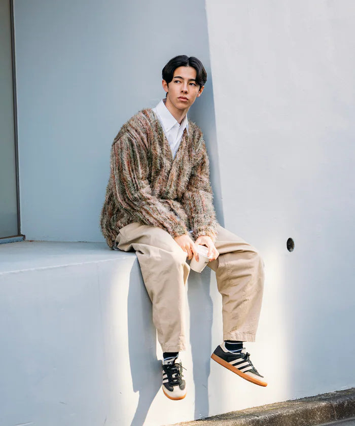 Relaxed Fit Shaggy Knit Multi-Stripe Cardigan