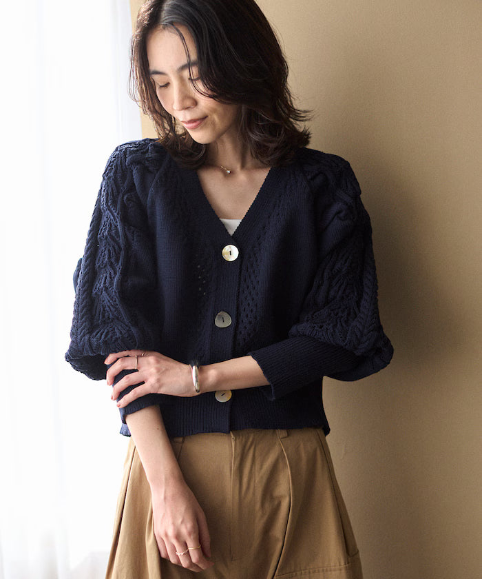 Variation Button Volume Sleeve Cable Knit Cardigan