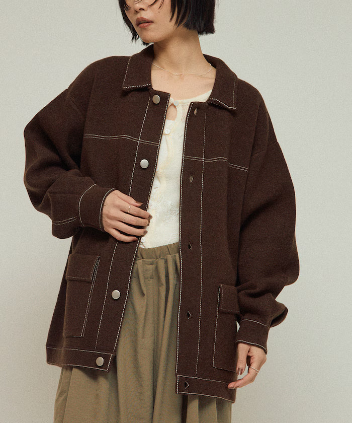 Oversized Wool Blend Knit Coverall / Color Stitch Knit Jacket