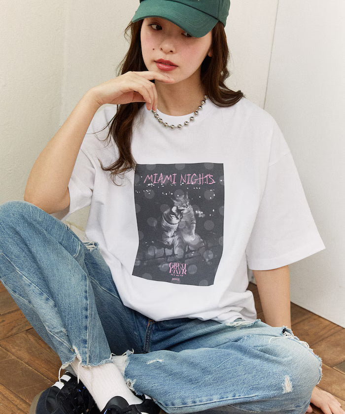 <Functional Material> MIAMI NIGHTS Cat Photo T-shirt Limited Edition