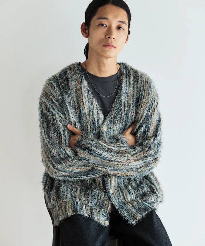 Relaxed Fit Shaggy Knit Multi-Stripe Cardigan