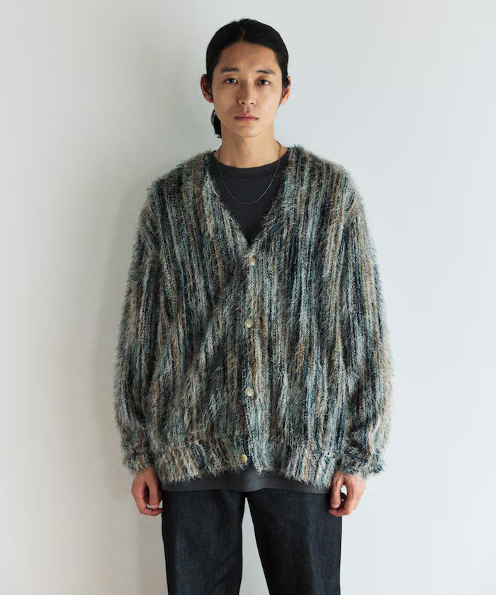 Relaxed Fit Shaggy Knit Multi-Stripe Cardigan