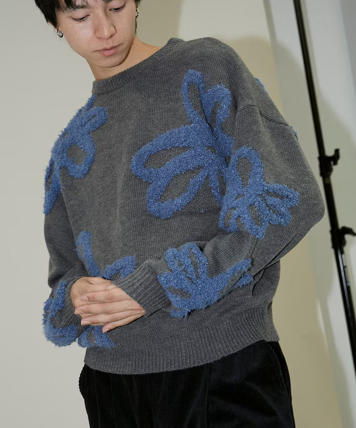Boucle Flower Pattern Pullover Knit [Limited Edition] - Charcoal Grey