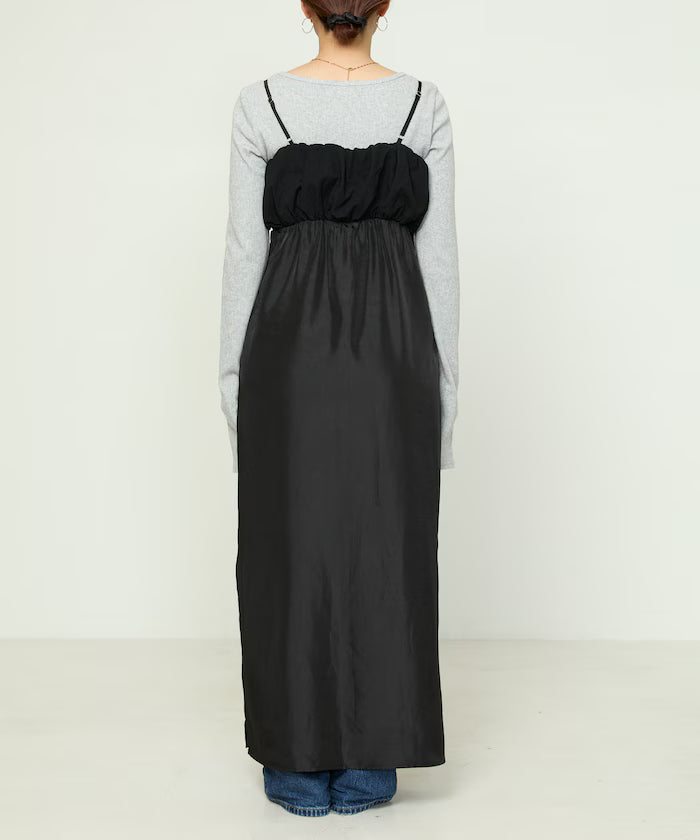 Mixed Material Shirring Satin Dress Limited Release