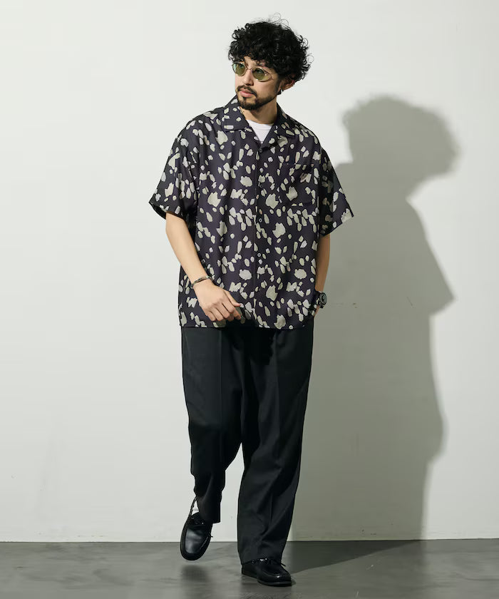 Mesh Open Collar Pattern Short Sleeve Shirt / Allover Design Open Collar Shirt / Big Silhouette