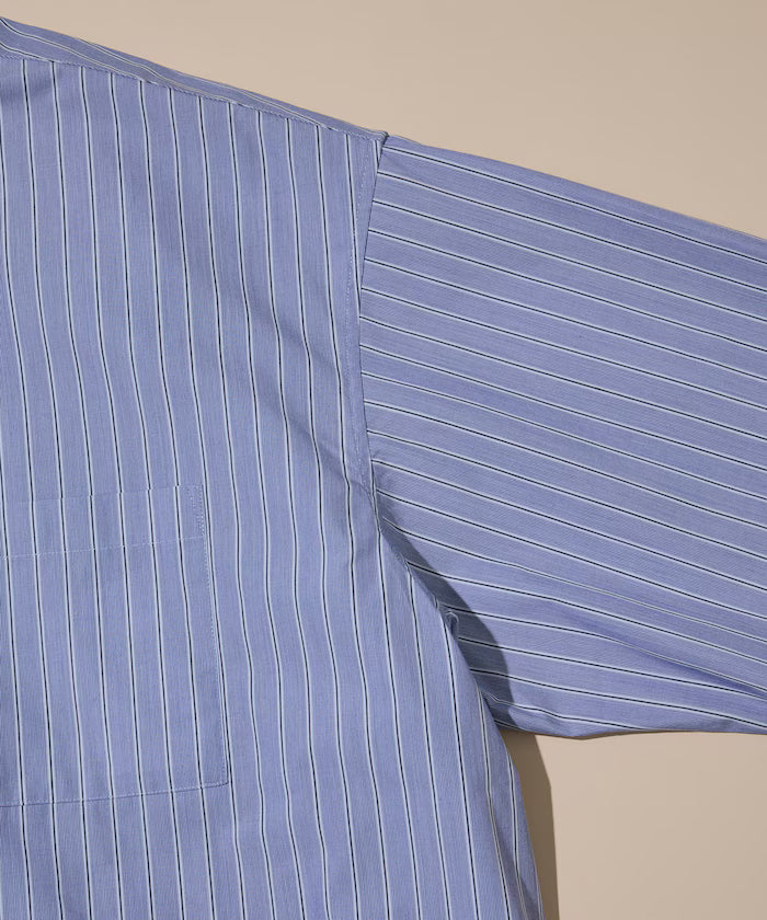 Typewriter Spindle Band Collar Stripe Short Sleeve Shirt