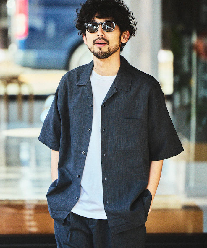 LINEN COTTON OPEN COLLAR SS SHIRT