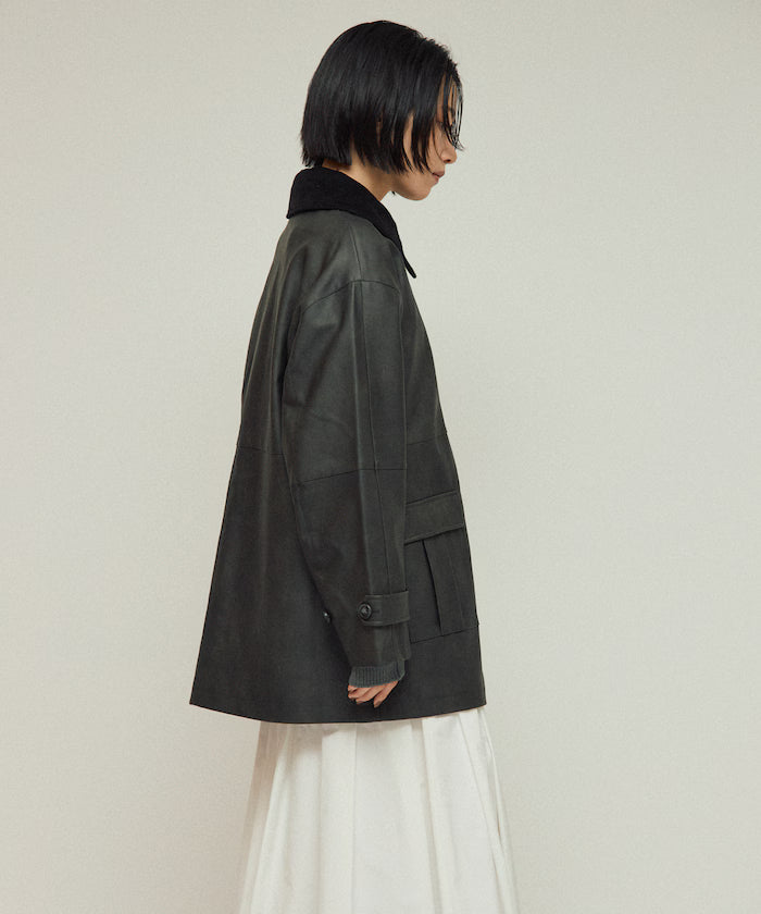 Oversized Crush Leatherette Jacket / Collar Corduroy