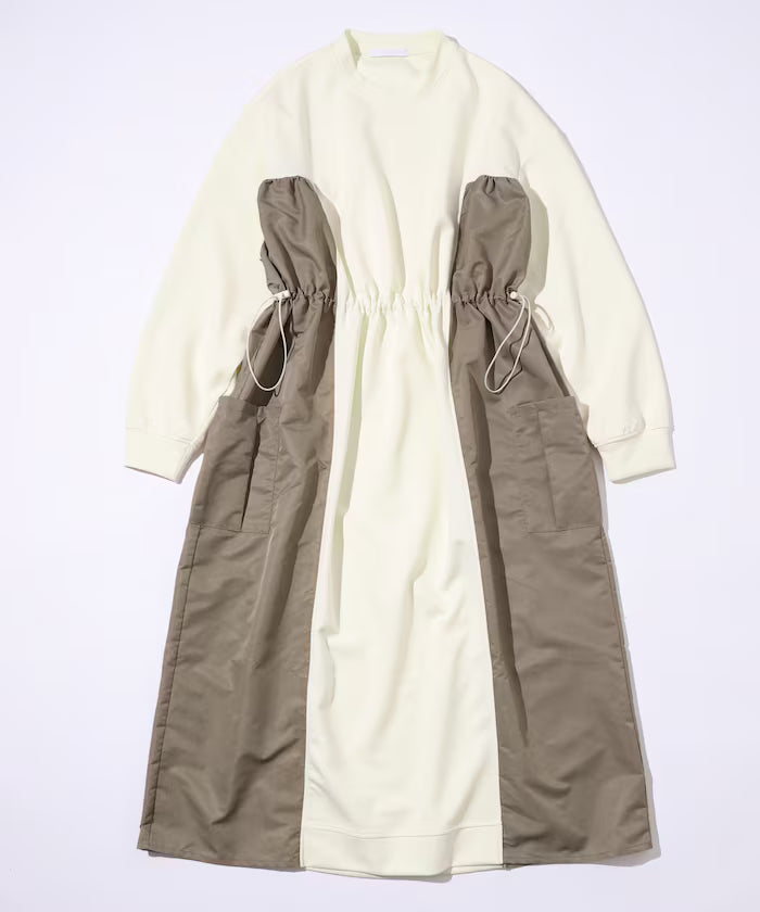 Mixed Material Docking Gathered Dunbar Sweat One-Piece / Spindle