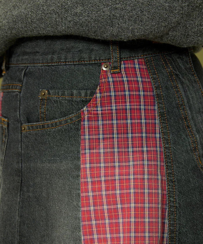 Side Front Denim Color Block Flared Skirt