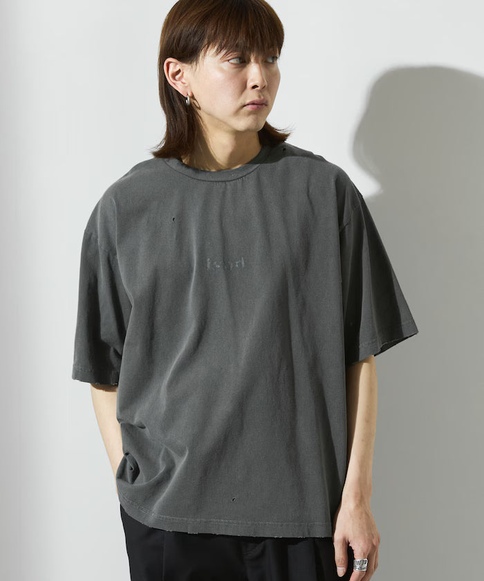 7.3 oz damaged processed front logo print short sleeve T-shirt / oversized crew neck short sleeve T-shirt