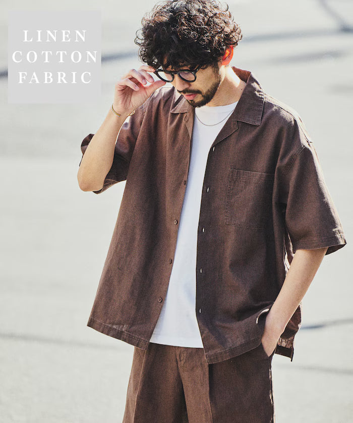 LINEN COTTON OPEN COLLAR SS SHIRT - Brown
