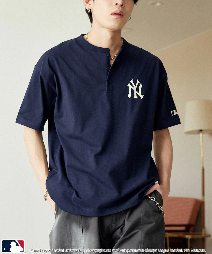 Limited Edition Custom MLB Logo Print Henley Neck Oversized T-Shirt