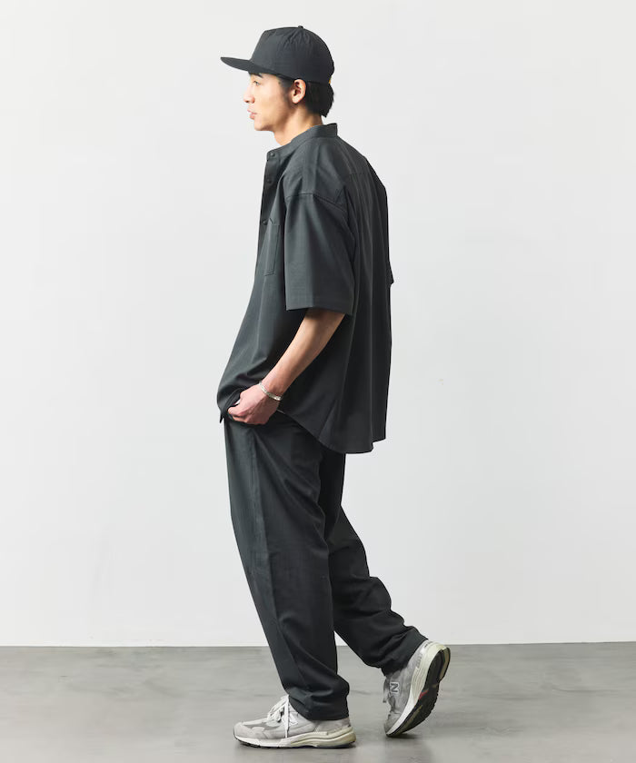 [New Color Added] Quick-Dry Material Relaxed Fit Band Collar Shirt Short Sleeve Linen Feel
