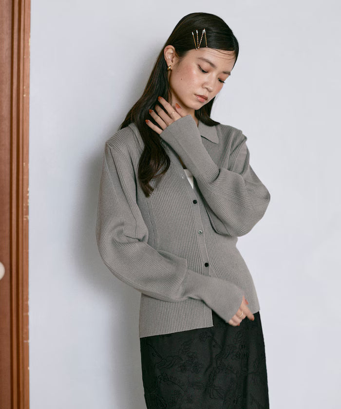 Functional material silk blend knit polo volume sleeve knit cardigan / anti-pill / machine washable