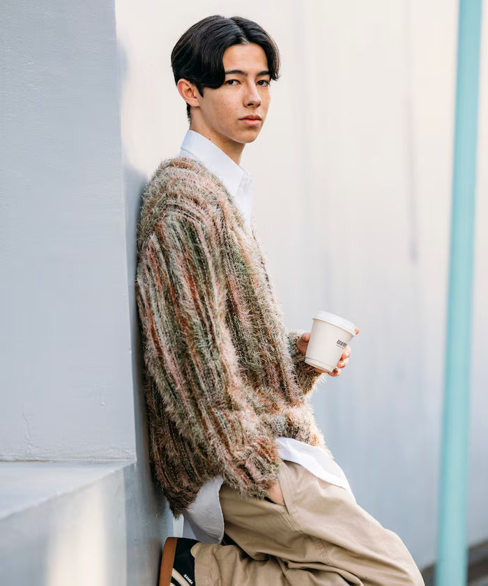 Relaxed Fit Shaggy Knit Multi-Stripe Cardigan