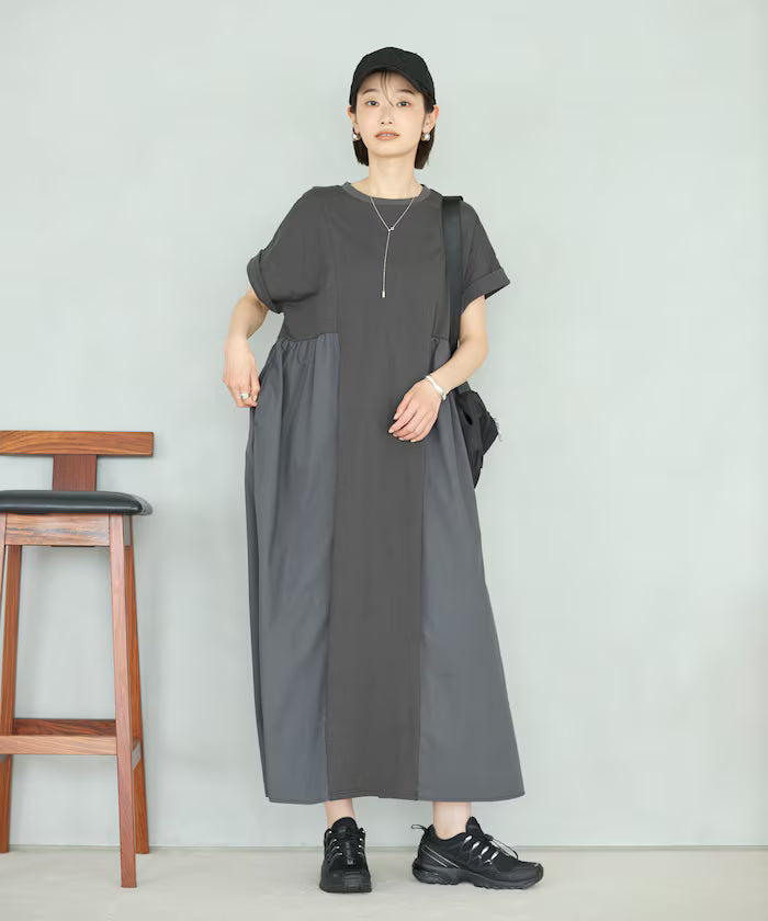 Organic Cotton Mixed Material Docking Gathered Dress
