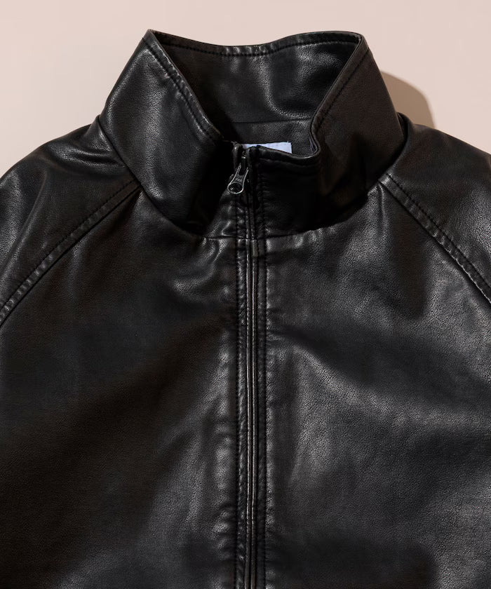 Washed processed leather red stand collar zip-up short blouson