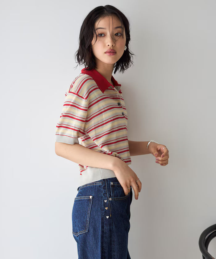 Relaxed Fit Color Design Polo Knit / Bicolor / Multi Stripe