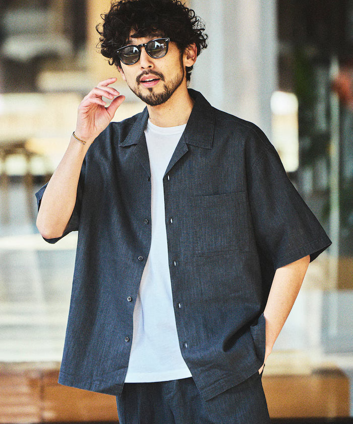 LINEN COTTON OPEN COLLAR SS SHIRT
