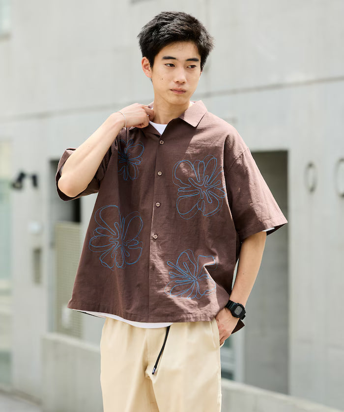 Relaxed Fit Flower Embroidered Short Sleeve Open Collar Shirt [Limited Edition]