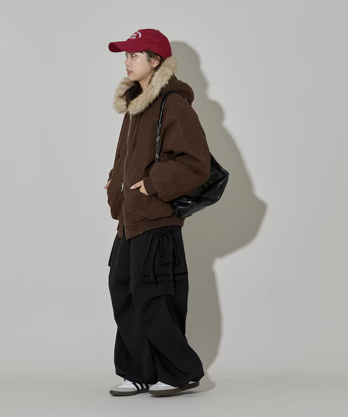 2way fake fur zip-up padded hooded jacket with detachable fur