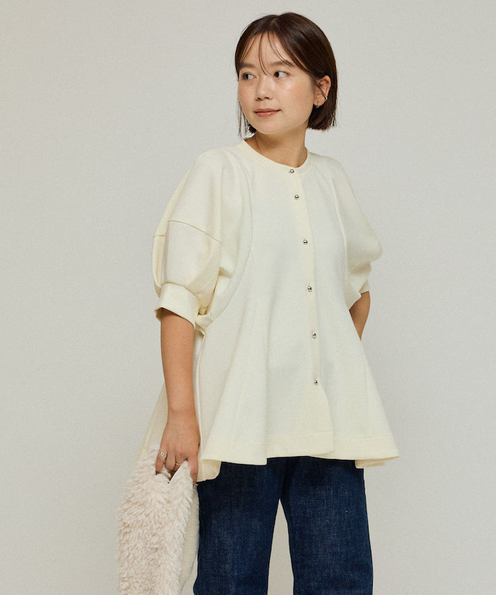 Cardigan with Peplum and Puff Sleeves - Off-White