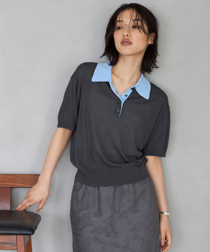 Relaxed Fit Color Design Polo Knit / Bicolor / Multi Stripe - Charcoal Gray