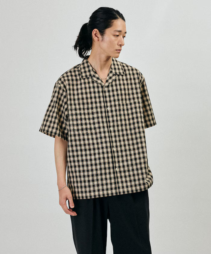 Dobby Woven Check Relaxed Open Collar Short Sleeve Shirt