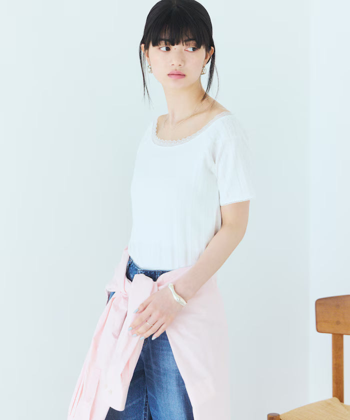 Boat Neck Pullover Knit Lace T-Shirt
