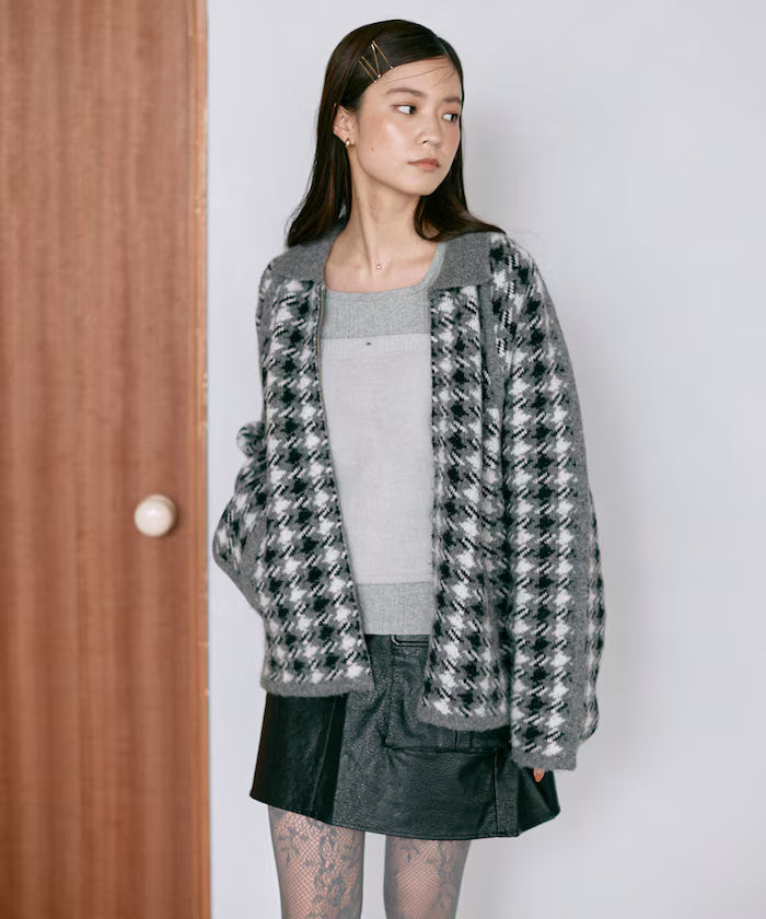 Wool Blend Gancube Check Knit Zip Blouson