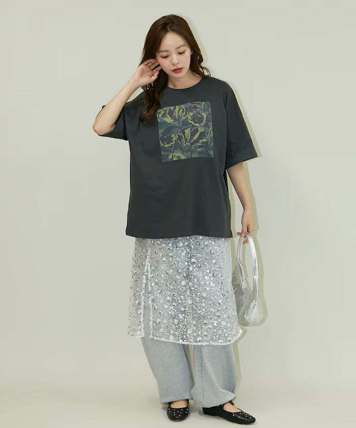 Flower Nuance Art Box Print Big Silhouette T-Shirt Limited Release