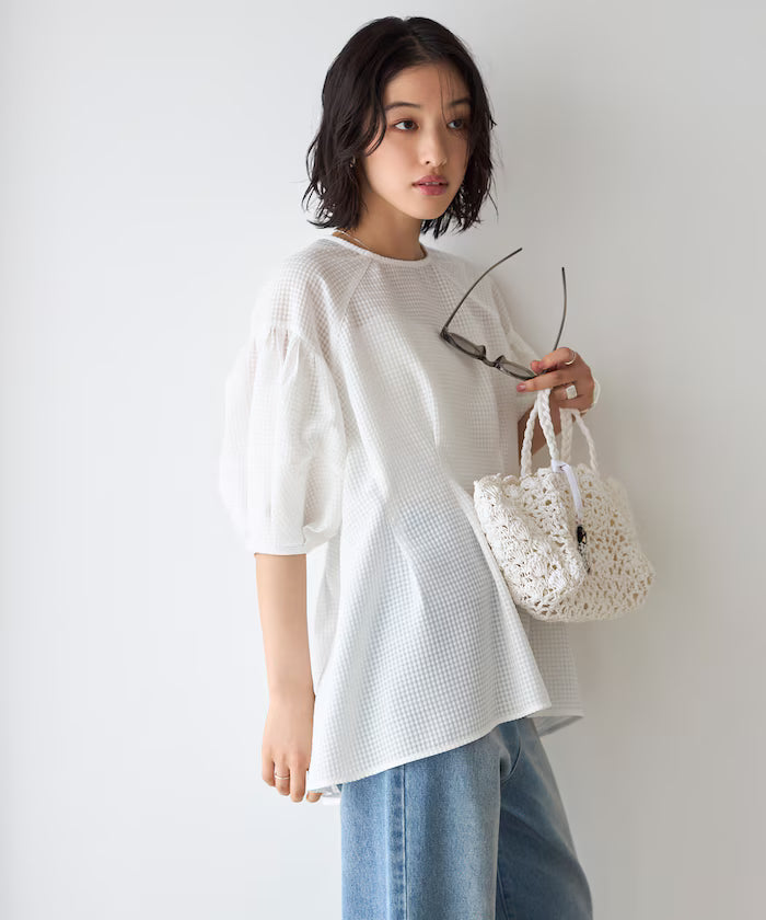 [March 11th 12:00 Release] Sheer Check Balloon Sleeve Blouse / 5-minute sleeves / Flare Silhouette