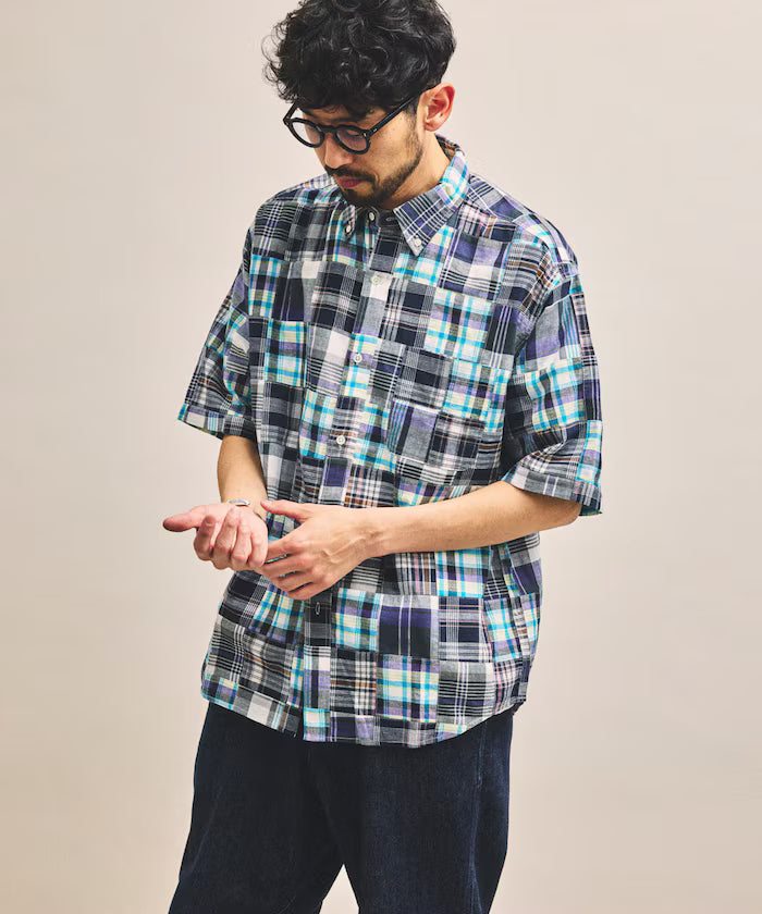 Indian-made Relaxed Fit Madras Check Patchwork Button-down Short Sleeve Shirt