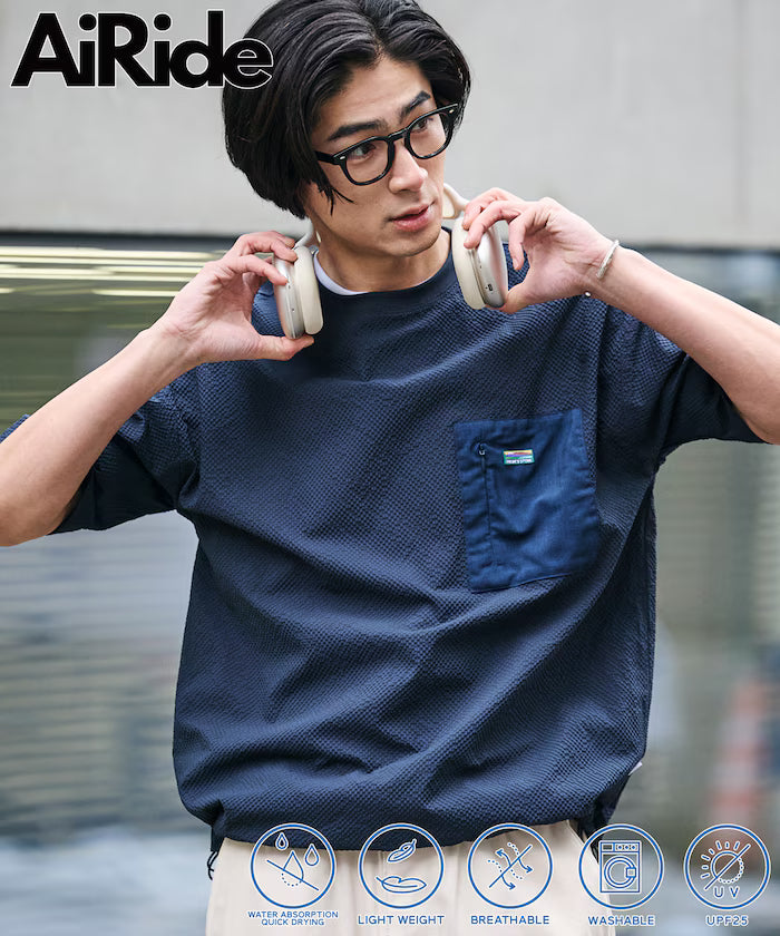 Limited release AiRide Air Ride Relax Fit Mult-material Pocket Seersucker Pullover Top Quick-drying UV Protection - Navy