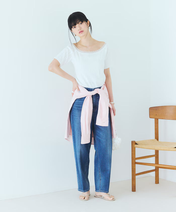 Boat Neck Pullover Knit Lace T-Shirt