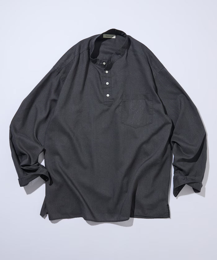Relax Fit Linen Mix Band Collar Pullover Shirt [Limited Edition] - Charcoal Gray