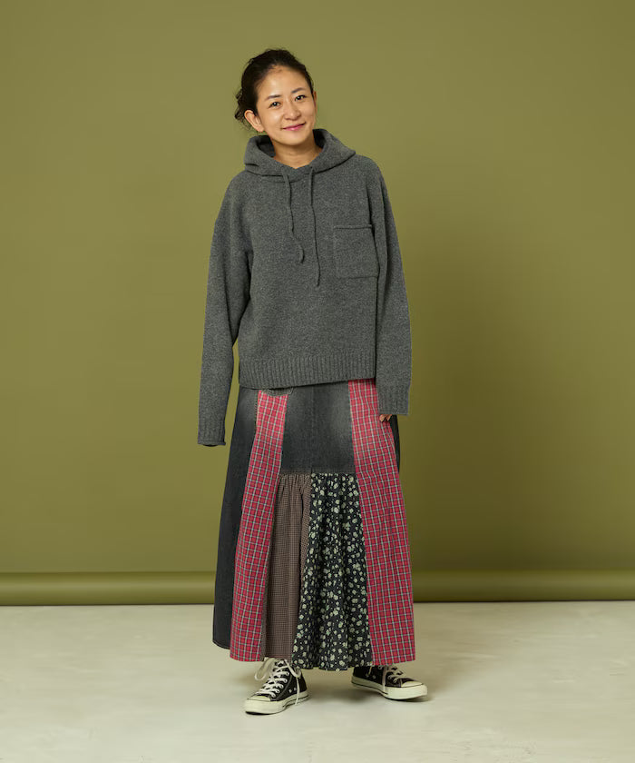 Side Front Denim Color Block Flared Skirt