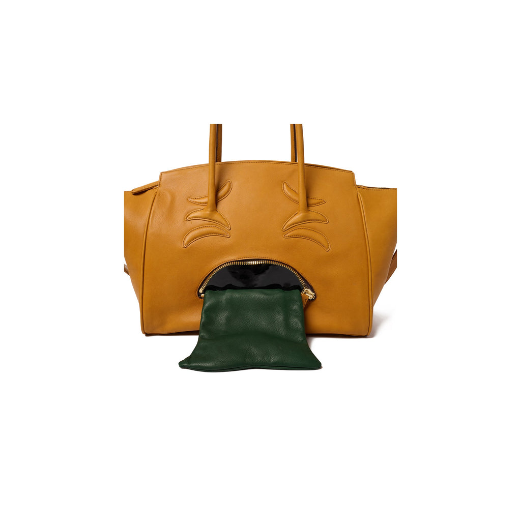 VOMITING EMOJI LEATHER BAG : CAMEL