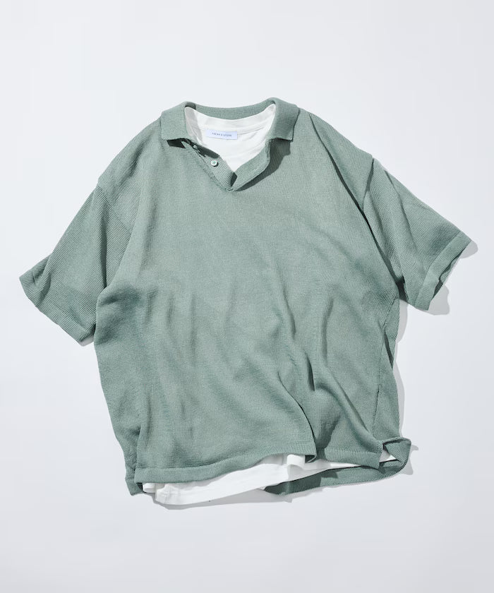 Sheer Knit Polo Shirt & Cotton T-Shirt Layered Set