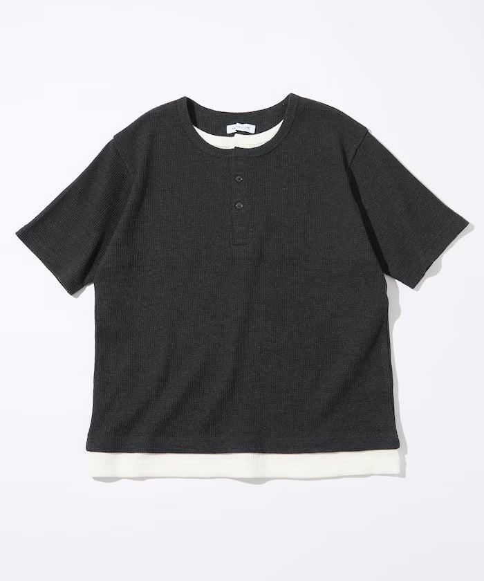 Waffle Fake Layered Henry Neck T-Shirt