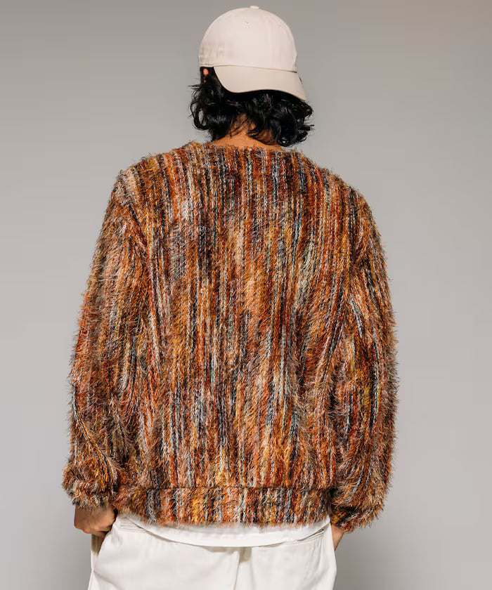 Relaxed Fit Shaggy Knit Multi-Stripe Cardigan