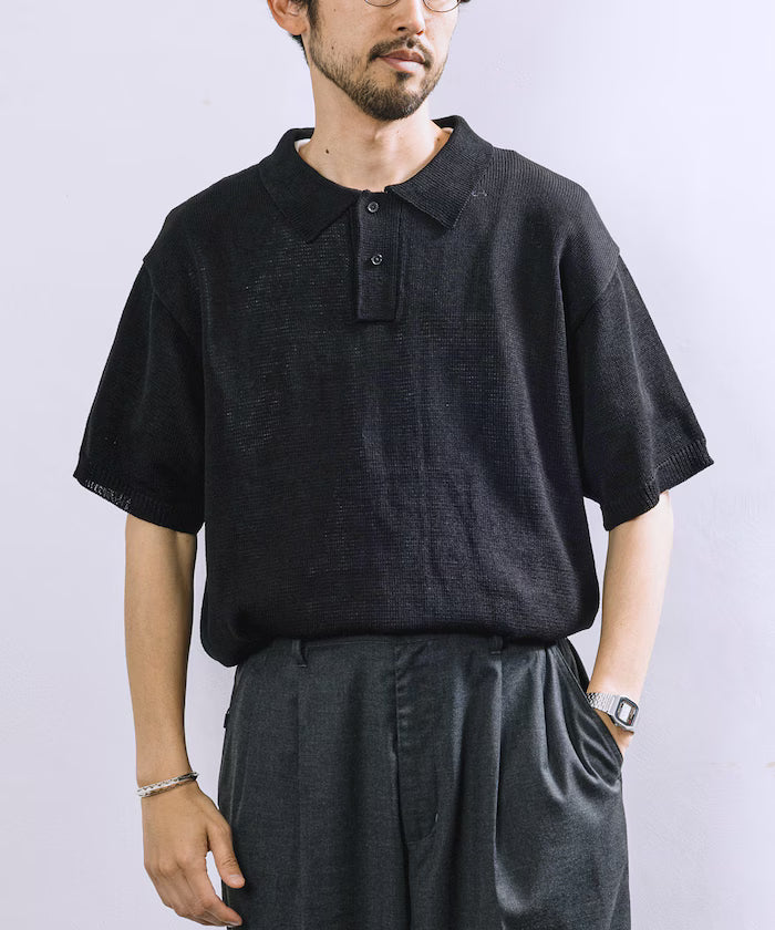 Relaxed Fit Short Sleeve Summer Knit Polo Shirt / Short Sleeve Knit Polo - Black