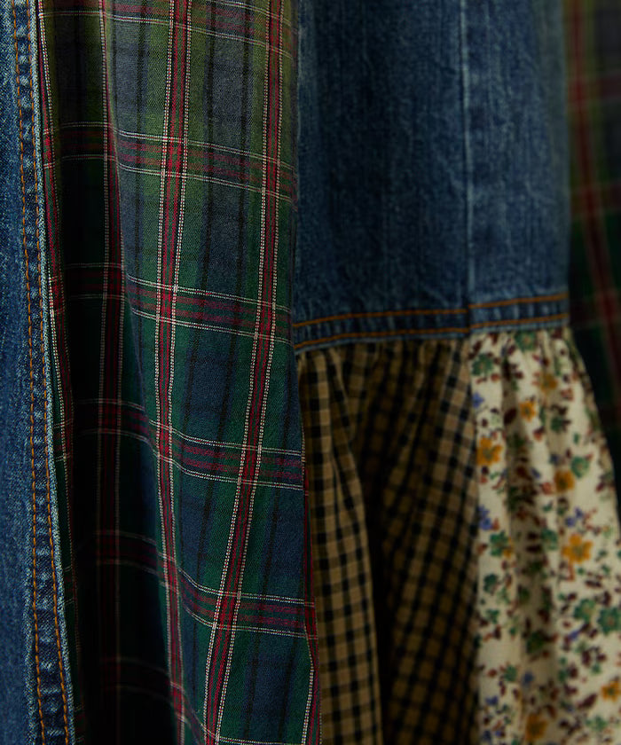 Side Front Denim Color Block Flared Skirt