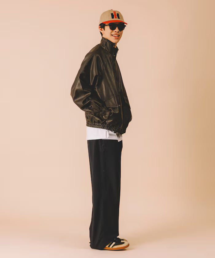 Washed processed leather red stand collar zip-up short blouson