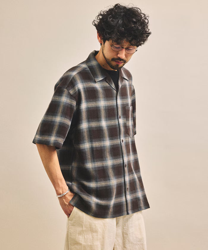 Dyed Ombre Check Open Collar Short Sleeve Sheer Shirt Relaxed Fit