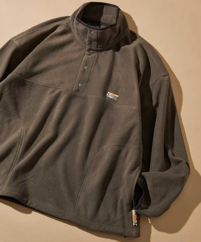 Big Silhouette One Point Logo Fleece Snap Button Spindle Pullover - Brown